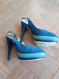 Blue Suede Platform Slingback Heels Size 8-8.5