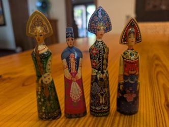 Set of 4 Vintage Hand-Painted Russian Wooden Folk Art Dolls (Signed)