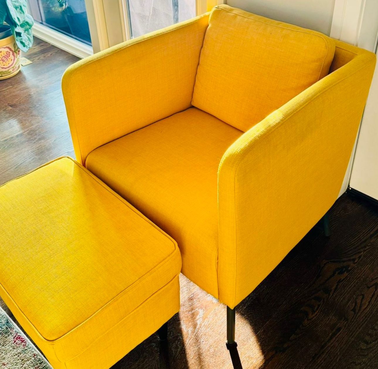 Three IKEA Yellow Accent Chairs + Two Ottomans