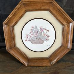 Vintage Octagon Wood Framed Floral Basket Print Signed 