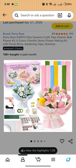 Party Rose 650PCS Pipe Cleaners Craft, Pipe Cleaner Bulk Flower Kit, 6 Colors Chenille Stems Flower Making Kit with Floral Wires, Gardening Tape, Stam
