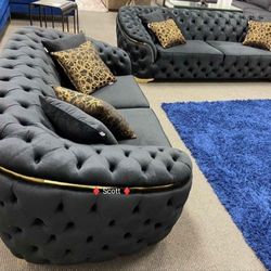 ‼️Lupino Black Velvet Living Room Set Sofa And Loveseat ‼️