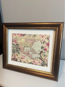 Vintage Tropical Caribbean Summer Vibes Florida Mexico Antique Map Framed Art Print 12x10 Home Decor