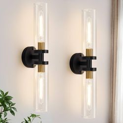 Set of Two 22" Black and Gold Bathroom Sconces with Clear Glass, Hardwired Modern Sconces Wall Decor