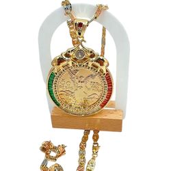 Mexican Centenario 50 Peso Coin Tri-Tone Chain CZ Pendant, Gold Plated 24" Chain