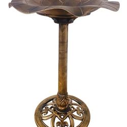 Pedestal Bird Bath – Lily Leaf Garden Decor, Golden & Verdigris Bronze Finish, Halloween Night