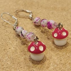 Pink Painted Mushroom Earrings 
