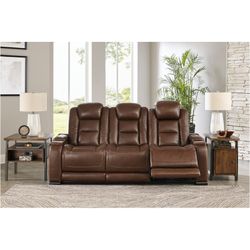 Ashley Furniture The Man-Den Leather Power Reclining Sofa with Headrest -  Brown