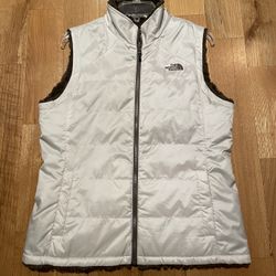 Womens Northface Creme Nylon And Brown Fur Reversible Vest