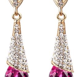 1 Pair Brass Rhinestone Teardrop Stud Earrings, Rose Earrings Ornament Real 18K Gold Plated Earrings and Studs for Women 46*10mm