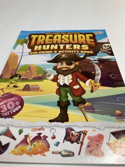 Treasure Hunter Is Coloring An Activity Book. Includes 30+ Tattoos. Girl And Boy Pirates