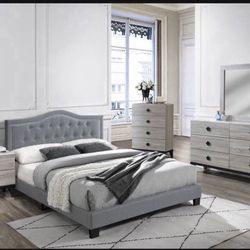 Brand New In Box Grey Velvet Queen  Size Bed With Mattress 