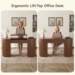 59 Inches Office Desk with Lift Top, Fluted Executive Desk Walnut Home Office Desk w/Charging Outlets, Mid-Century Modern Computer Desk with Storage,
