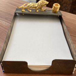 Vintage Antique Silver & Gold Tone Brass Lion Desk Pad With Pen Holder. Wonderful & Detailed Old Majestic & Noble Leo King Of The Jungle Piece!