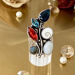 Shiva Eye Shell Multi Gemstone 925 Sterling Silver Overlay Ring Size 7