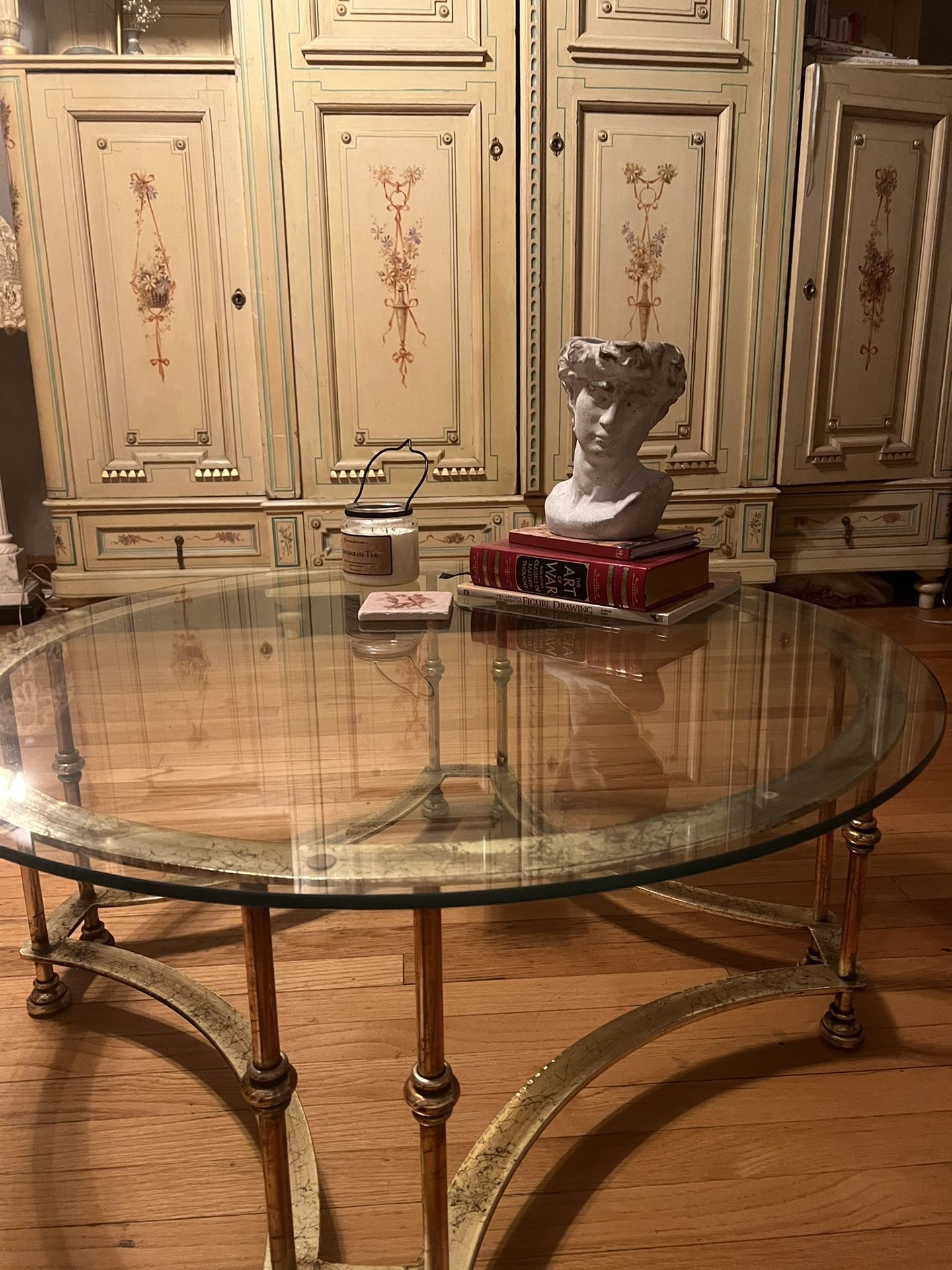 Vintage Gold Glass Coffee Table: Hollywood Regency inspired
