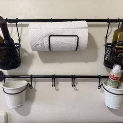 IKEA Hultarp rails, containers (both mesh and solid), and hooks. 