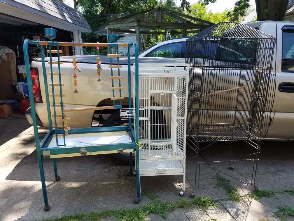 2 bird cages and a large play stand