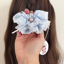 Baby blue color with white flower pearl ribbon scrunchie/hair tie