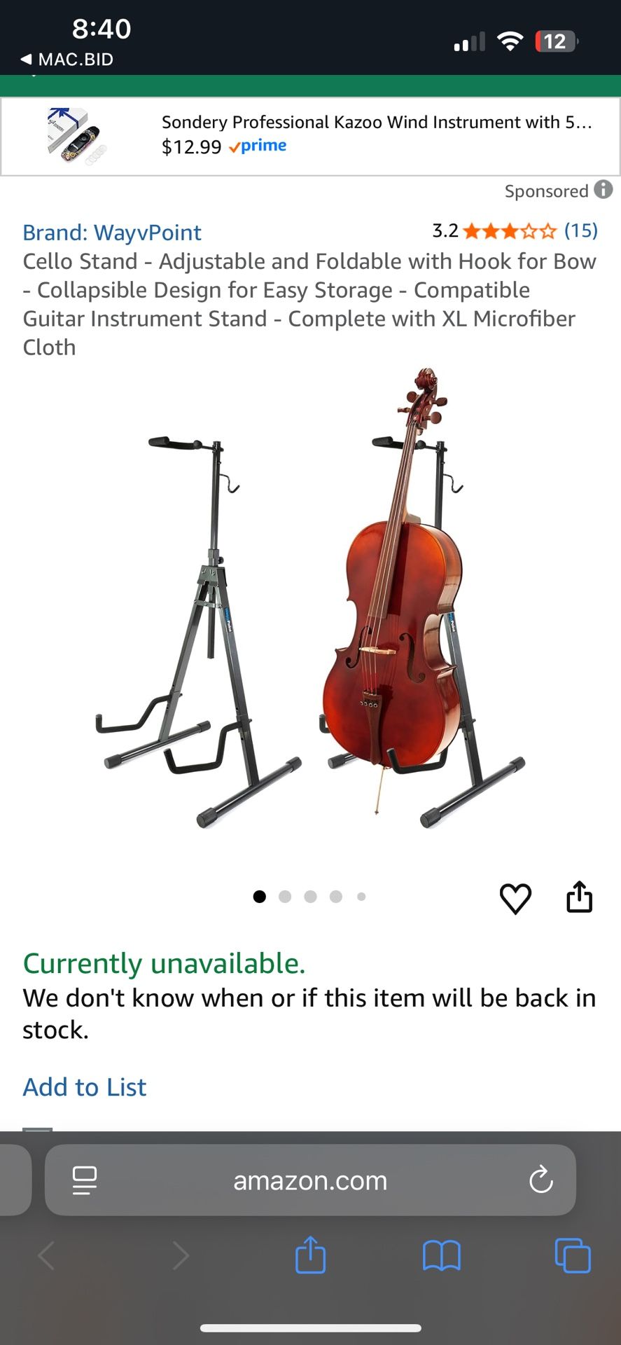 Wavypoint Foldable Adjustable Cello Stand 