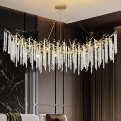 Crystal Tree Branch Chandelier - 63in Gold Rectangular Chandelier for High Ceiling Restaurant Foyer Hall Hotel Lobby