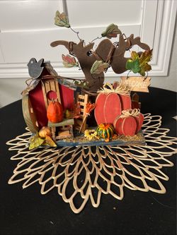 Rustic Fall Pumpkin Harvest Wood Table Centerpiece (9.5X9X3.5”) w/WELCOME Sign