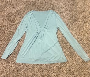 Light Aqua Blue Long Sleeve V Neck Blouse