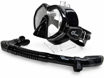 Odoland Snorkel Mask & Dry Top Snorkel Set Black Tempered Glass