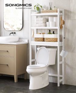 SONGMICS Over The Toilet Storage, 3-Tier Over Toilet Bathroom Organizer with Adjustable Shelf, 10.2 x 24.8 x 66.9 Inches, Space-Saving, Cloud White UB