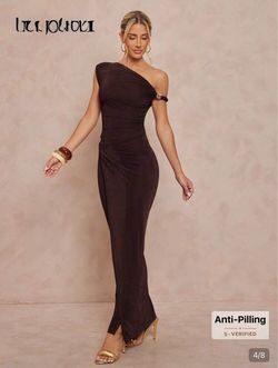 Dark Brown One-Shoulder Ruched Maxi Dress