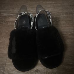 UGG Black Fluffy Slides with Logo Strap