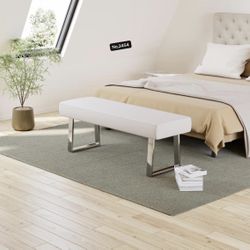 55”Bedroom Bench, Bed end upholstered Bench, Indoor Corner Small Footstool with Metal Legs, for Kitchen entryway Dining Room ,White