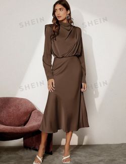 SHEIN BIZwear Solid Shoulder Pad Satin Dress Workwear