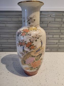 Japanese Satsuma Porcelain Floral & Peacock Decorative Vase