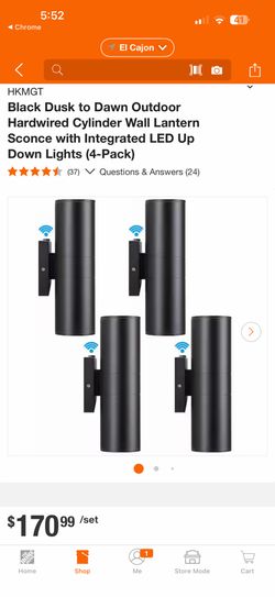 HKMGT Black Dusk to Dawn Outdoor Hardwired Cylinder Wall Lantern Sconce with Integrated LED Up Down Lights (4-Pack)