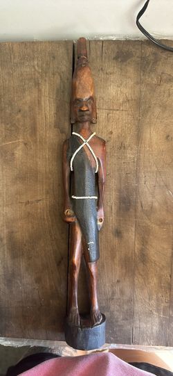 Vintageq Hand Carved Wood African Tribal Man Figurine 12" Seed Bead With Label