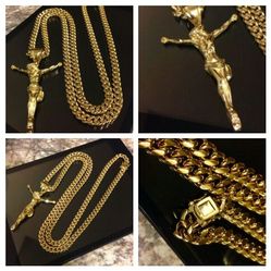 14K Gold Plated(30"/10MM)Miami Cuban SETw/ Jesus Arms