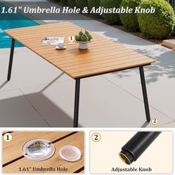 Outdoor Dining Table for 6-8, 82.7 inch Patio Dining Table with Wooden-Like Top and Aluminum Frame, Rectangular Table with Umbrella Hole Outdoor Furni