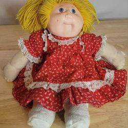 Vintage Blond Pigtails Cabbage Patch Kids Doll Blue Eyes Red Swing Dress