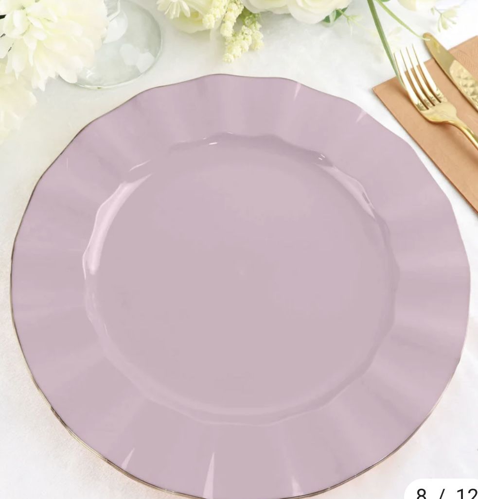 10 Pack 11" Lavender Lilac Disposable Dinner Plates With Gold Ruffled Rim,