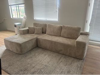 Beige Corduroy Sectional Sofa with Chaise