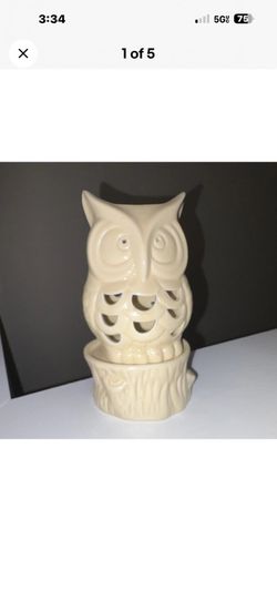 Ceramic Beige Owl Tea Light Candle Holder Decorative Animal Print Modern