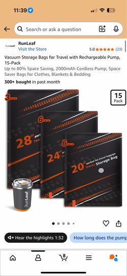 RunLeaf 15 Pack Vacuum Storage Bags with Rechargeable Electric Pump