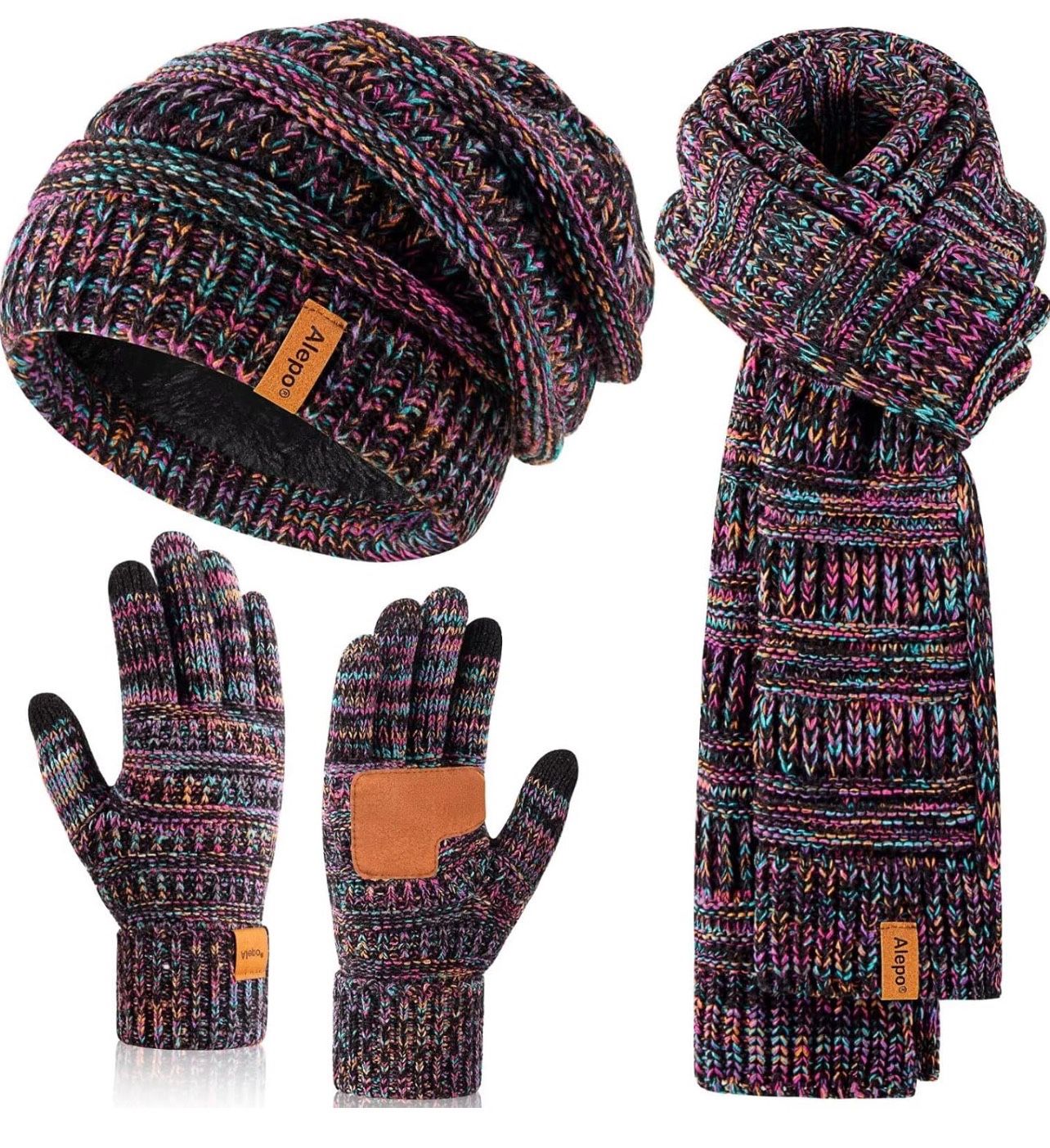 Winter Beanie Hat Scarf Gloves Set for Women, Slouchy Beanie Long Scarf Touchscreen Gloves, Warm 3 in 1 Set