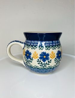Ceramika Artystyczna Handmade Boleslawiec Polish Pottery Mug Blue Floral