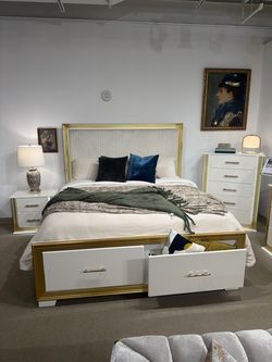 White and Gold Storage Bed Frame,bedroom furniture, no credit needed