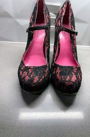 Hot Pink, Black Lace Heels