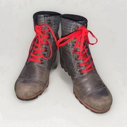 Size 8 Gray Sorel Wedge Boot Red Laces Joan Of Arc Leather Ankle High