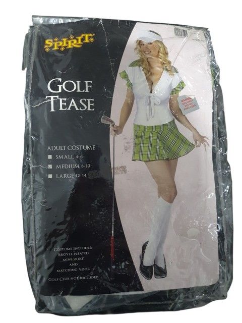 Golf Tease Adult Woman's Halloween Costume. Size Medium. *Argyle Pleated Mini Skirt *Watching Visor. (New)