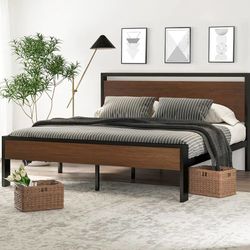 14 Inch King Size Metal Platform Bed Frame with Wooden Headboard and Footboard, Mattress Foundation, No Box Spring Needed, Large Under Bed 
